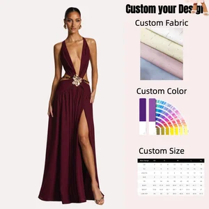 Sexy Solid Pattern Evening Gown Deep V-Neck Backless Thigh High Split Beaded Fully Lined Chiffon Dress Invisible Zipper