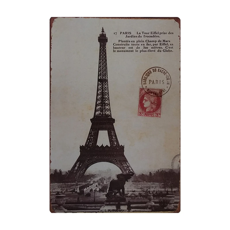 Paris Eiffel Tower Vintage Metal Sign Tin Plate Plaque for Garage Gas Station Living Room Home Motorcycle Wall Poster