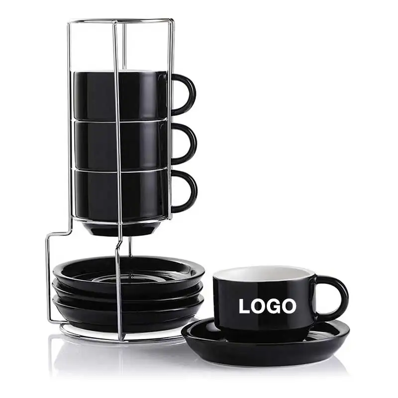 Custom Logo Ceramic Coffee Cup Set Print Porcelain Stackable Espresso Cups with Saucers and Metal Stand