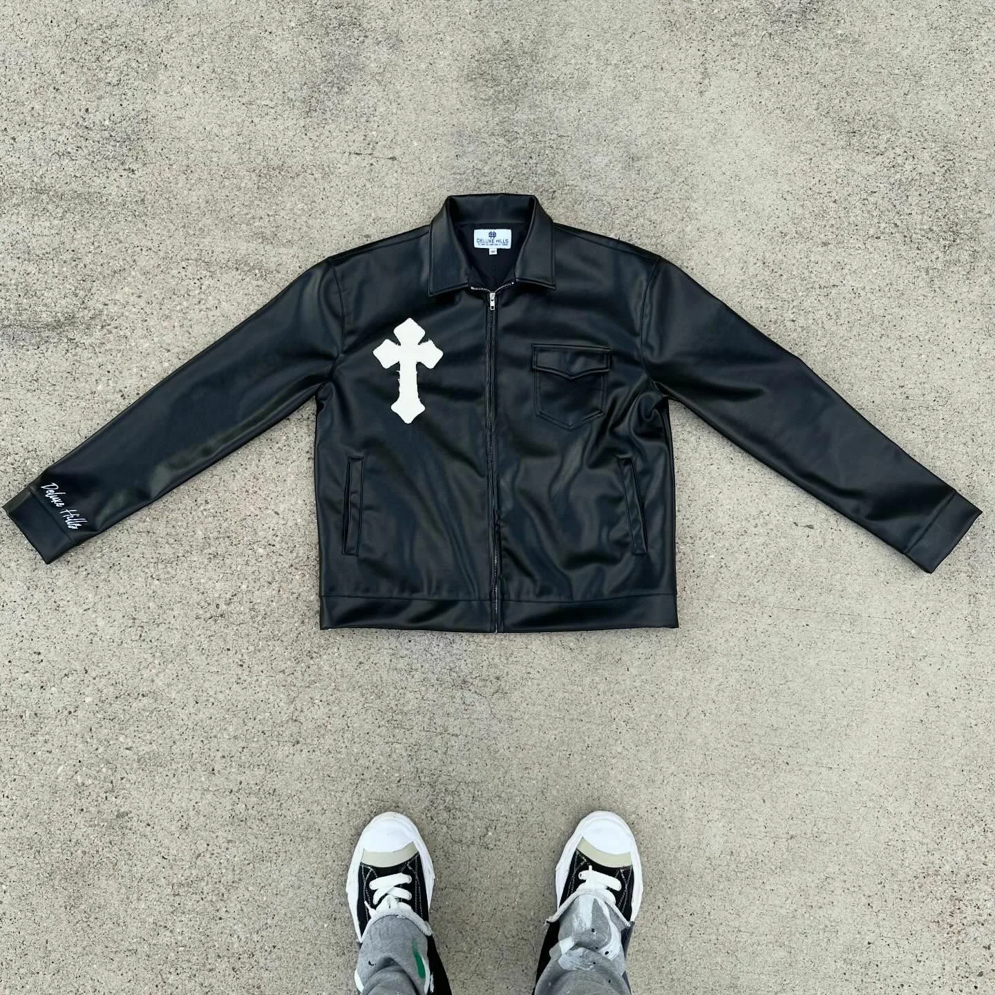 Custom Lapel Latest Design Coats Mens Streetwear Zip up Pu Patches Embroidery Applique Moto Leather Long Sleeve Jackets for Men gallery 7