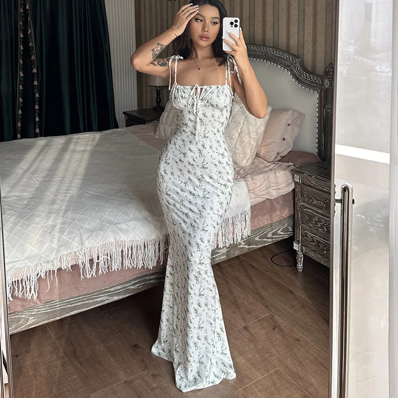 summer halter dresses 2024 Vintage Beige Print Sleeveless Backless Halter Bandage Long Dresses For Women 2024 Summer Festival A Line Pleated Dress Bohemian