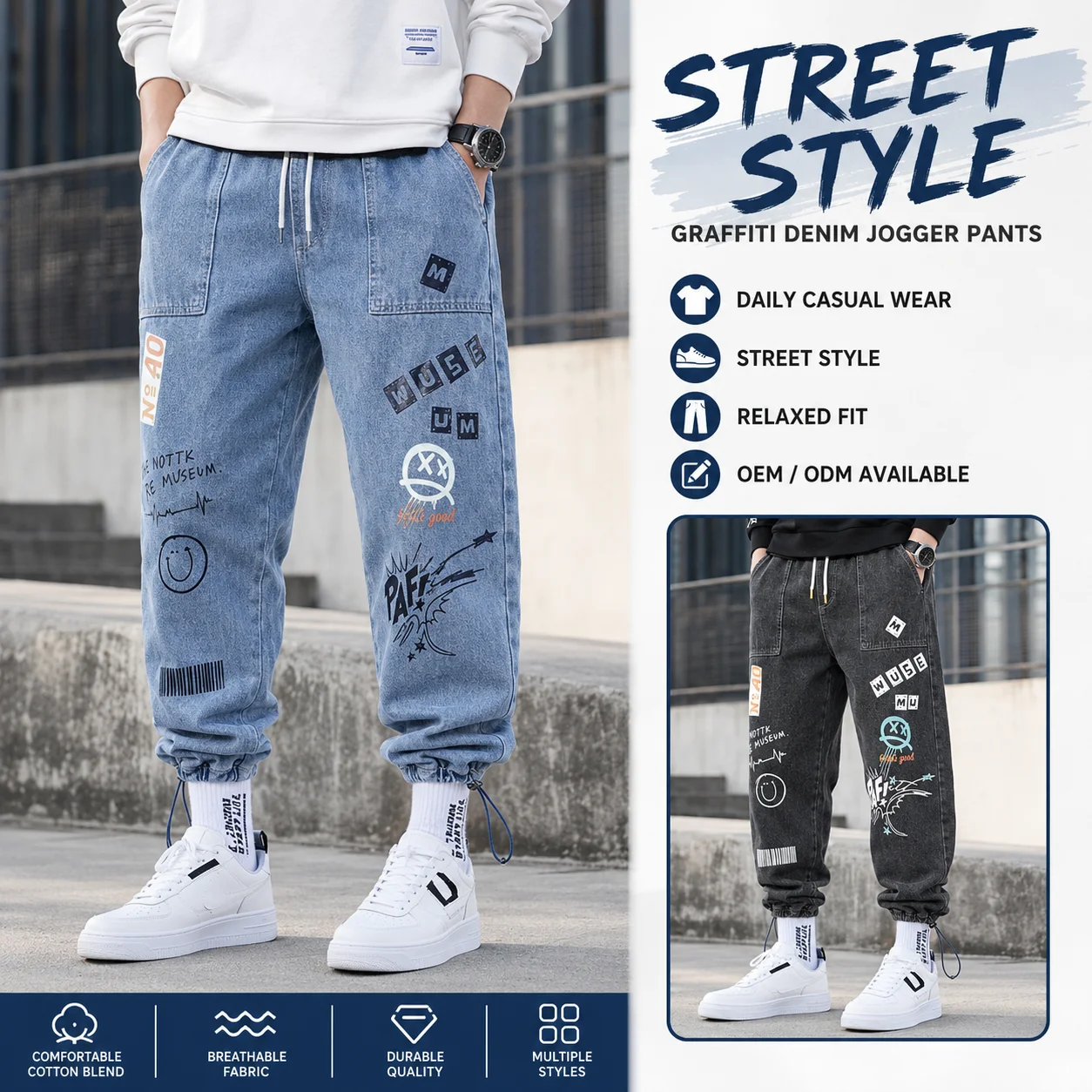 2024 Autumn Trendy Brand Men's Harem Pants Buckle Jeans Denim Mid Drawstring Elastic Loose Casual Graffiti Print Washed Knitted