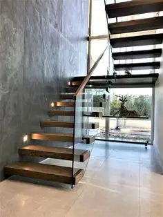 American style fancy cantilever carbon steel stringer white oak wood open tread step with led lights floating stairs with rail details