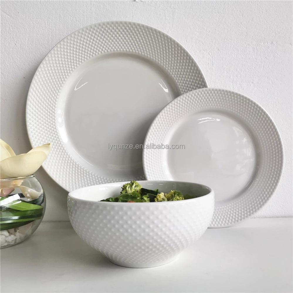 White Porcelain Embossed Dinnerware Set Embossed Ceramic Porcelain Dinner  Set 12 Pcs Porcelain Embossed Dinner Set