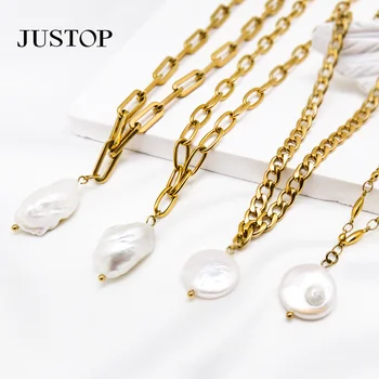 Wholesale Link Chain Stainless Steel Women Pendant Necklace Choker Sweater Freshwater Baroque Pearl Necklaces Jewelry