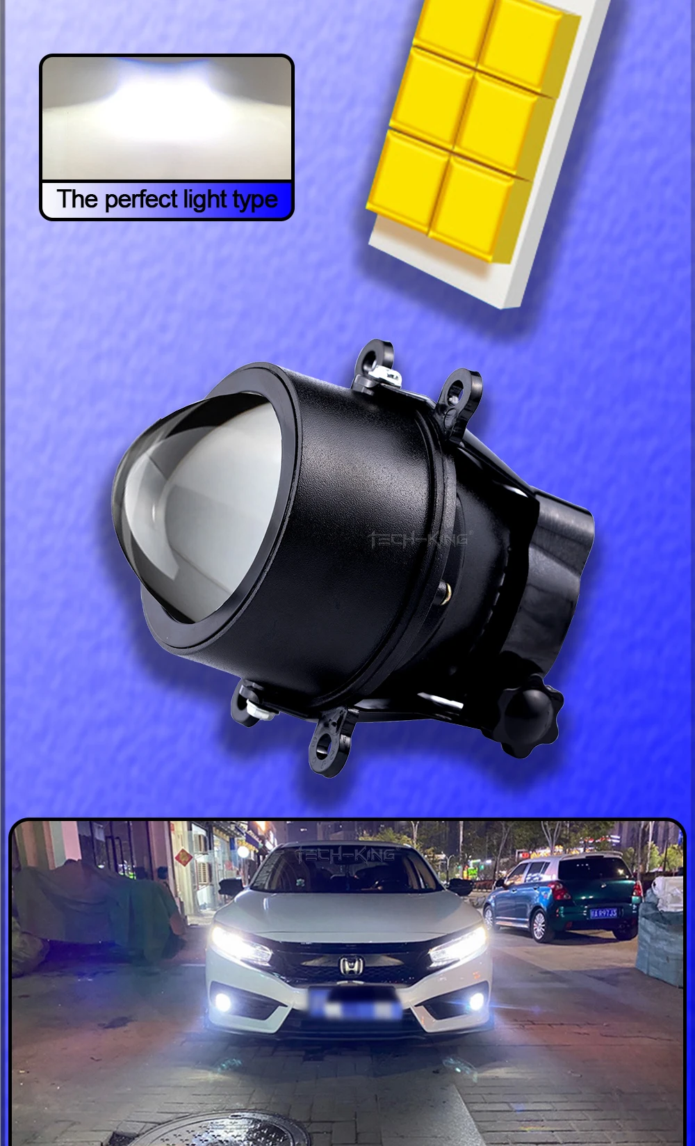 TECH-KING 3inch 56w 72w H11 3000K 6000k 3colour high Low Beam Universal bi Led projector Fog lamp High brightness lens fog lamp