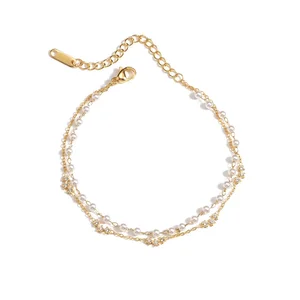Woman Girls Fashion Jewelry Stainless Steel 14k Gold Plated Link Charm Bracelets Fine Multi Layer Bead Pearl Bracelet