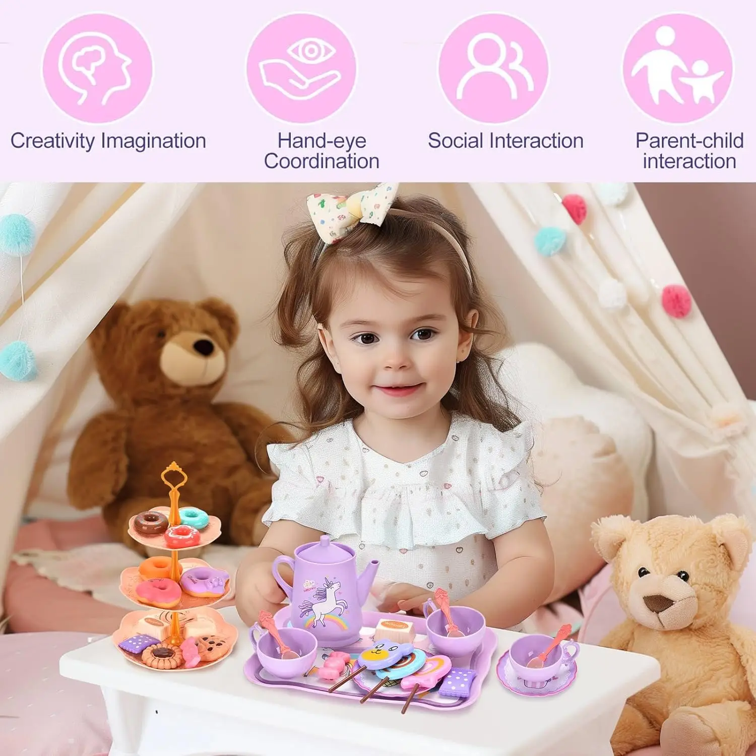Unicorn Tea Party Set Princess Pretend Play Preschool Plastic Teapot and Cup Set Tea Play Kitchen Toys for Kids