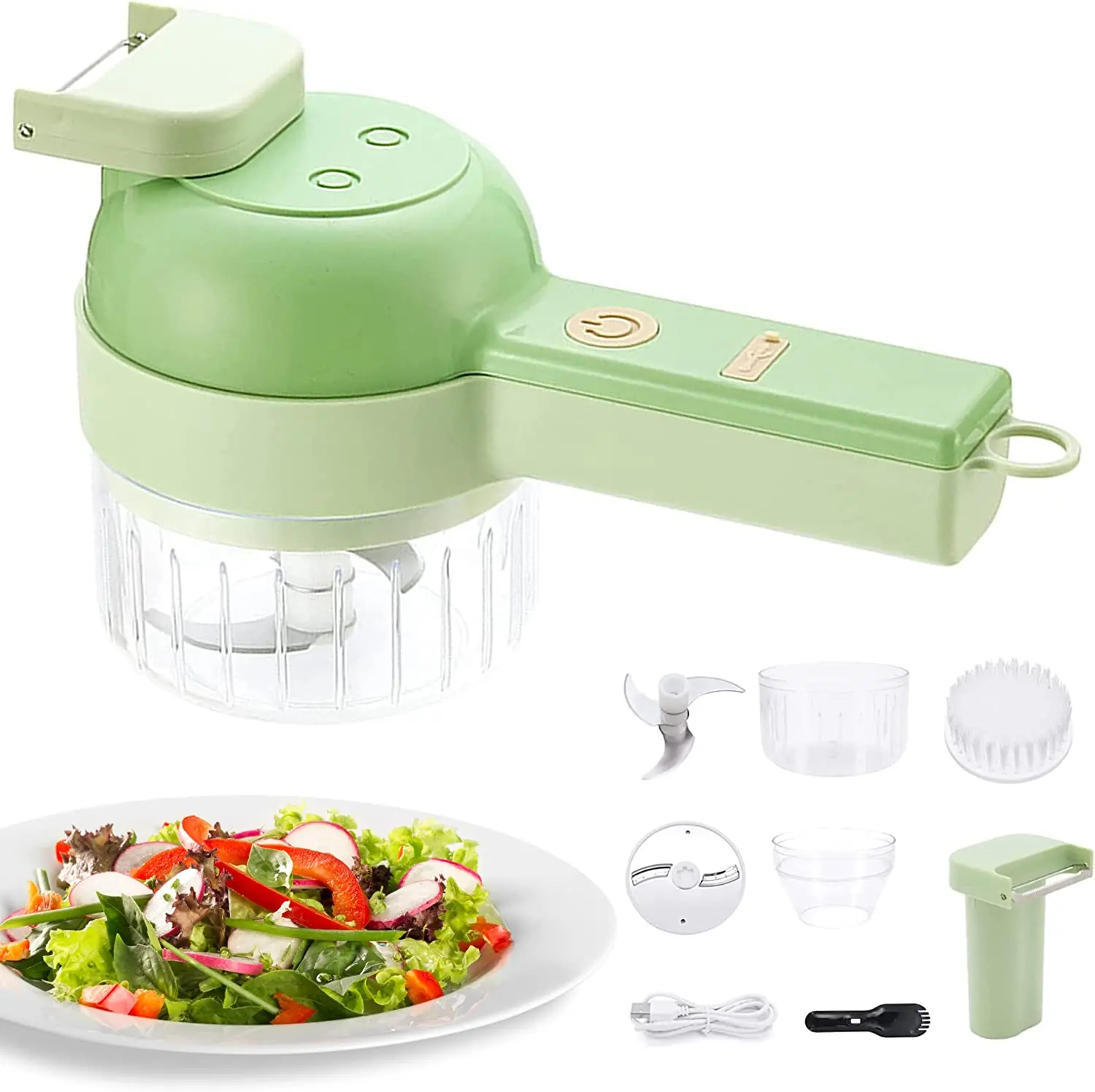4-in-1 Portable Electric Vegetable Cutter Set: A wireless food processor with stainless steel blades, designed for effortless chopping of garlic, chili pepper, onion, ginger, celery, and meat. Streamline your kitchen prep with this versatile and innovative culinary tool