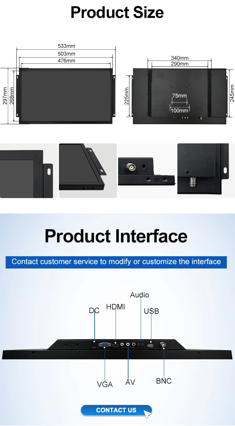 Factory 18.5 21.5 Inch 1920*1080 HD VGA BNC Resistive USB Touch Screen Metal TFT Open Frame Embedded Industrial LCD Monitor