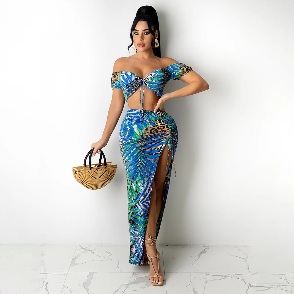 Latest Two Piece Multicolor Skirt Set Floral Crop Top and Skirt Two Piece Set Short Sleeve Maxi Skirt Elegant Casual Dresses