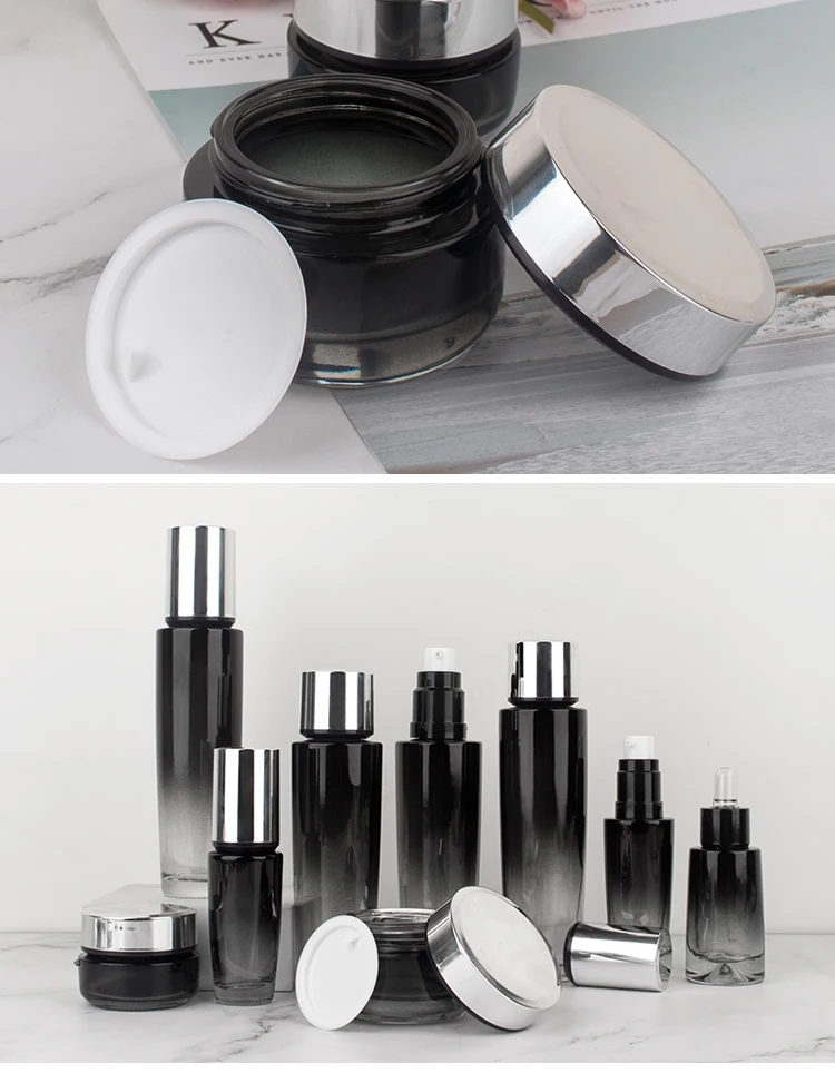 Wholesale cosmetic packaging container empty skincare set bottle glass face cream jar with lid supplier