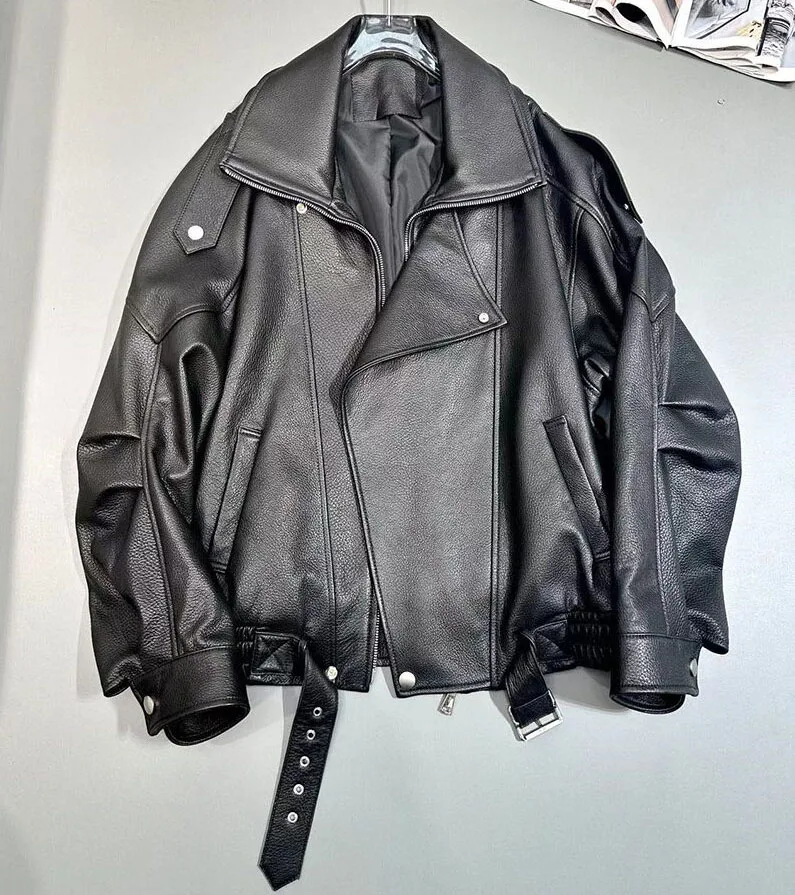 2024 Autumn New Loose Lamb Foam Skin Leather Jacket Women Silhouette Motorcycle Bomber Coat Short Genuine Sheep Leather Jacket