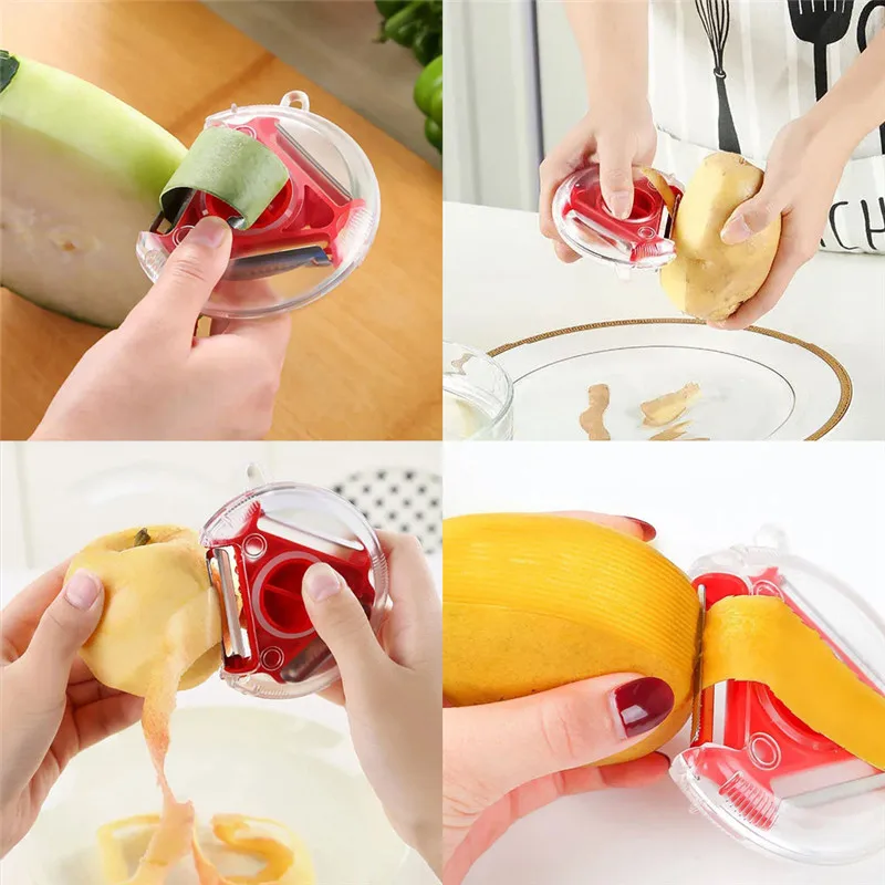 3 IN 1 Rotary Round Vegetable Fruit Peeler Tool Multi- Functional Magic Trio Fruit Peeler With Stainless Steel Blade