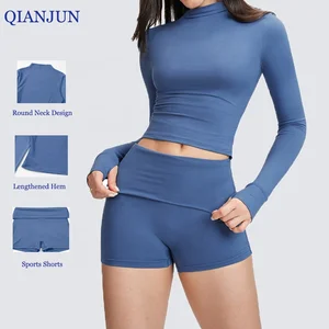 Women Workout Outfits Quick Dry 2PCS Sets Long Sleeve Fitness Gym Yoga Top Beartable Yoga Shorts Sports Apparel Set