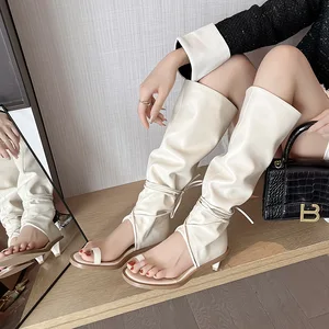 BUSY GIRL MY9803 Women's White Leather Fish-Mouth Knee High Boots with Ankle Lace up Decor Open Toe Slip on Sandals Boots Autumn
