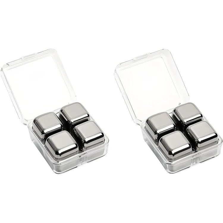 China Factory Wholesale Custom Laser Logo Reusable Stainless Steel Square Whiskey Chilling Stones Metal Ice Cubes 27mm OEM