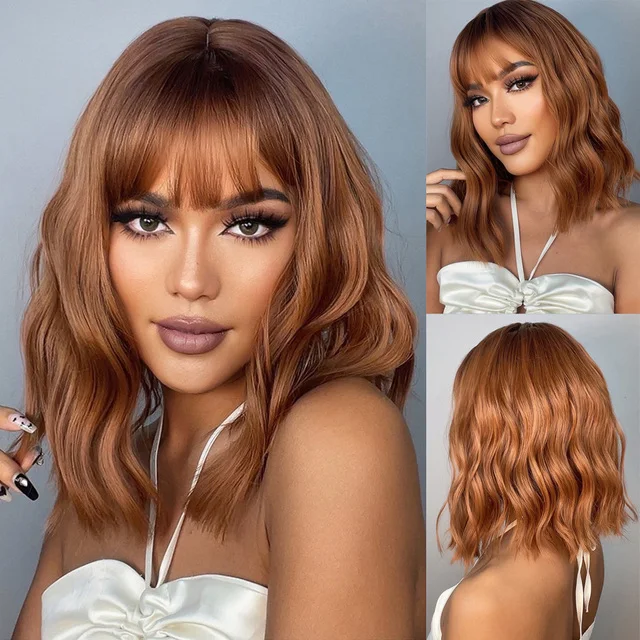 Short Bob Water Wave Synthetic Wigs Ombre Red Brown