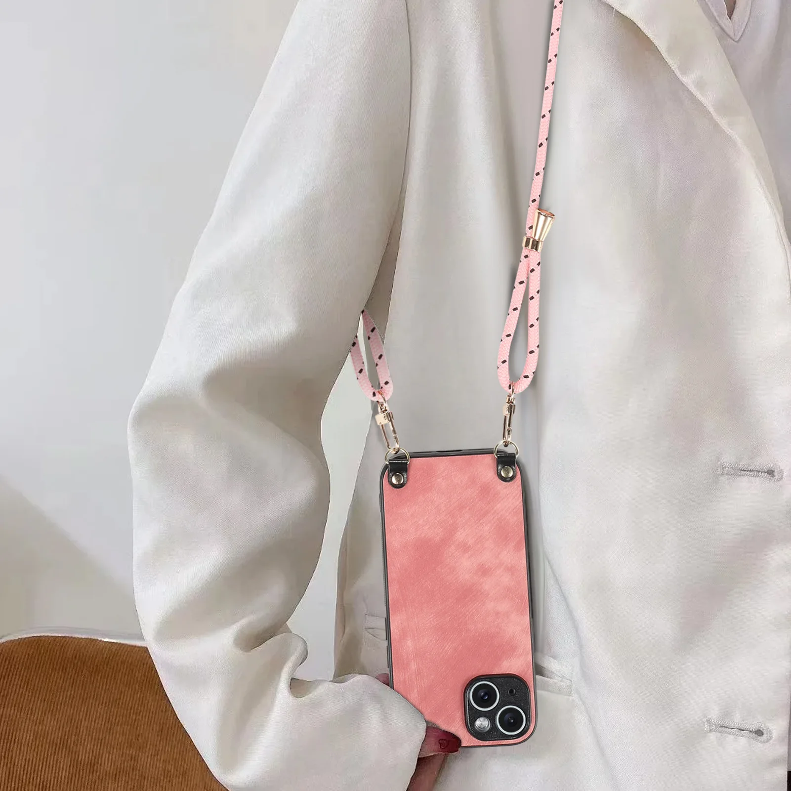 Shockproof Chain Crossbody Plain Leather Case With Wrist Strap And Lanyard For IPhone 17 AIR 16E 15 Pro Max_voghion.com