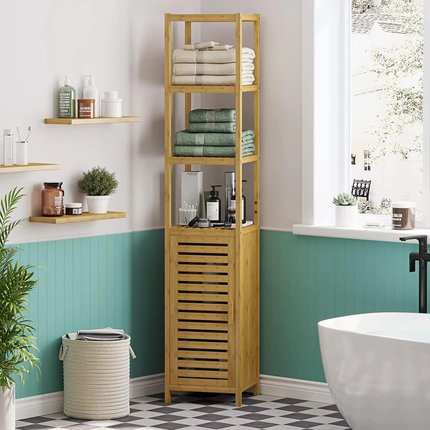 Bamboo Tall Bathroom Storage Cabinet Freestanding Linen Tower with Shutter Door Shelves Organizer for Towels