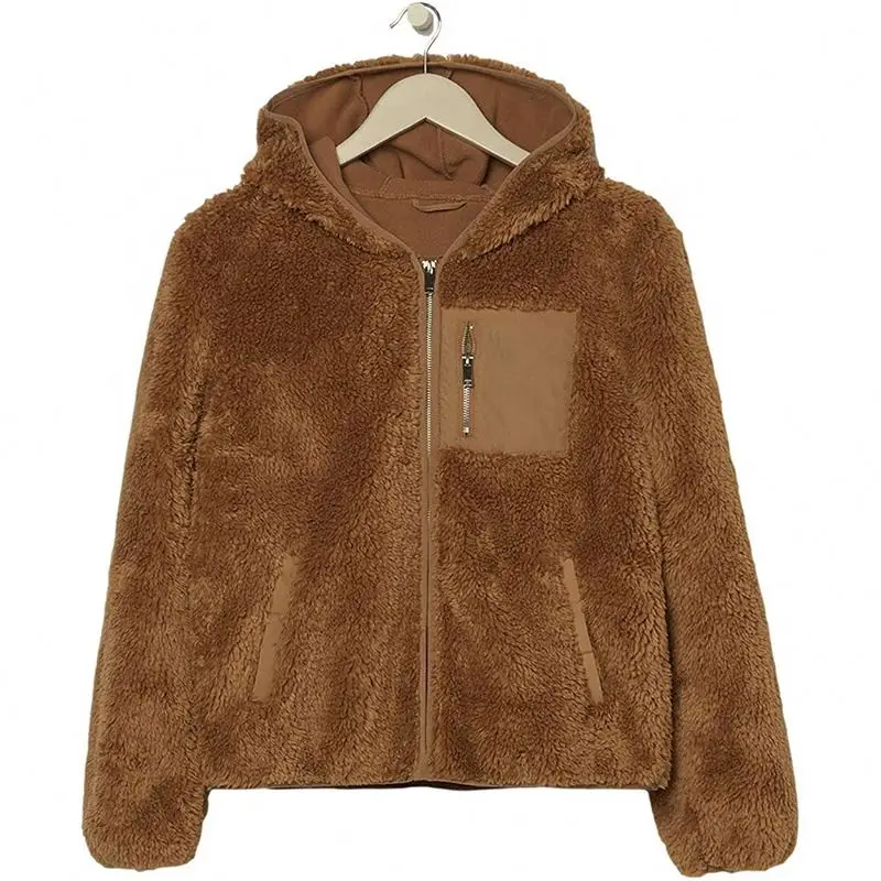 Faux Fleece Jacket Women Fur Coat with Hood Winter Warm Teddy Bear