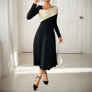 2026 Elegant Casual Floor Length Dress Sexy Elegant Large-Swing Irregular Color-Blocked Design Cross-Border Solid
