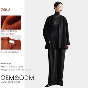 Wholesale Handmade Eco-Friendly Winter Women's Casual Short Double Sided Wool/Silk/Rabbit Fur Coat with Pockets Keep Warm