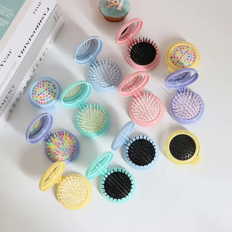 Hot Sale Portable Folding Mirror Comb Pocket Travel Hair Brush   Nylon Plastic Macaron Cartoon Color Children's Mirror Comb