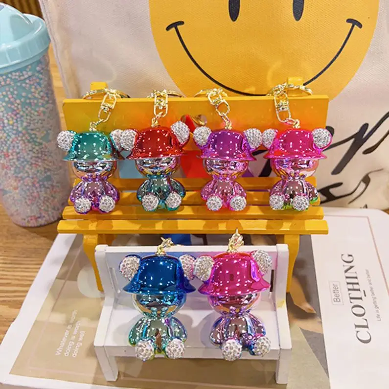 Custom Wholesale Electroplated Bear Keychain 3D Rubber Bear Doll Keyring with Leather Rope Pendant for Girl Gift
