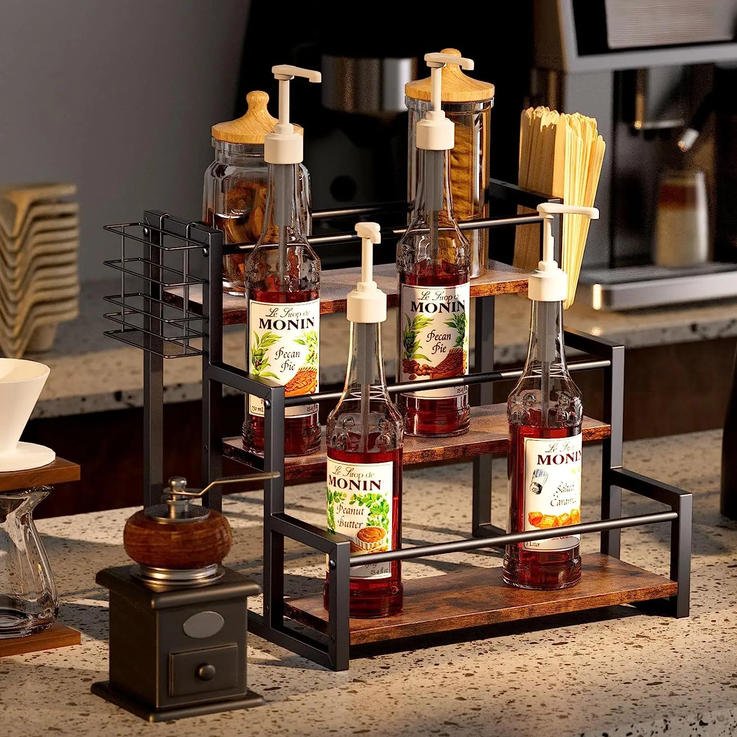 Coffee Syrup Organizer Syrup Rack 3 Tier Ironwood Syrup Holder 12 Bottle Storage Coffee Stand