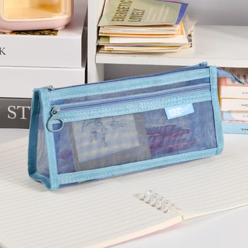 Multicolor Transparent Zipper Mesh Pencil Case Multifunctional Children's Pencil Storage Bag for Gift