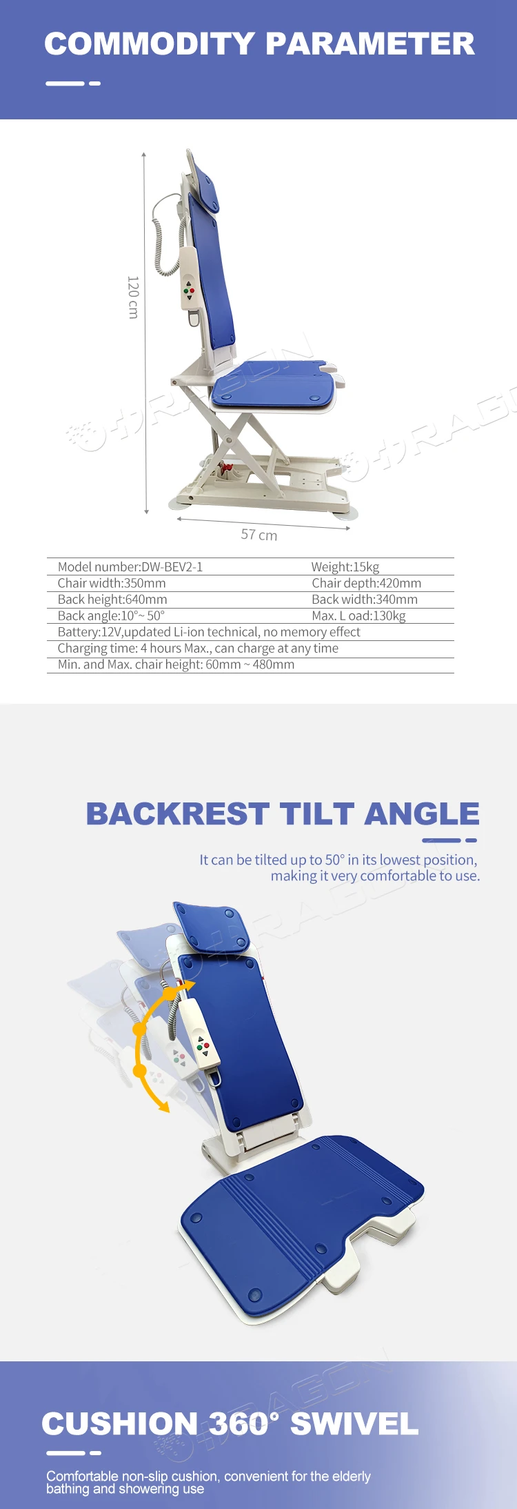 Electric Bath Lift Powered Whisper Quiet Adaptive Bathroom Shower Chair