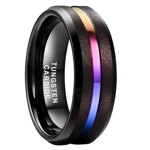 Coolstyle Jewelry 8mm Black Rainbow Tungsten Ring for Men Women Engagement Band Beveled Edge Grooved Matte Comfort Fit
