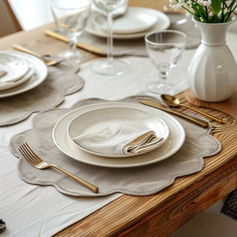 Woven Embroidered Round Wedding Linen Table Placemat Scallop For Dining