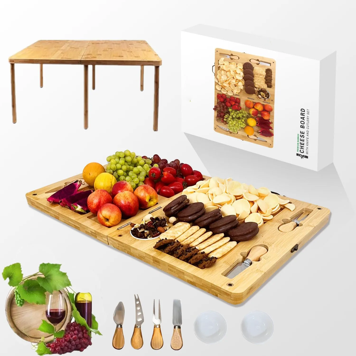 Bamboo Portable Folding Charcuterie Board and Wood Multi Purpose Cheese ...