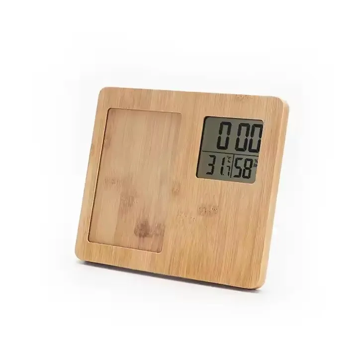 Eco Friendly Natural Bamboo Made 7 Inch Photo Frame Digital LCD Display Temperature and Humidity Table Clock