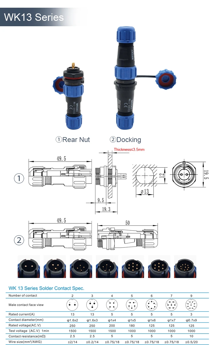 Sp Series Durable IP68 Circular Connector Battery Cable Connector Wk13 Rear Nut Pins Waterproof Connector