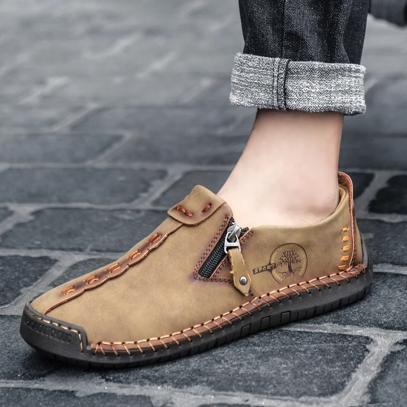 Genuine Leather Men Casual Shoes Business Formal Dress Shoes Fashion British Style Loafers Zipper Design Flats Men Driving Shoes