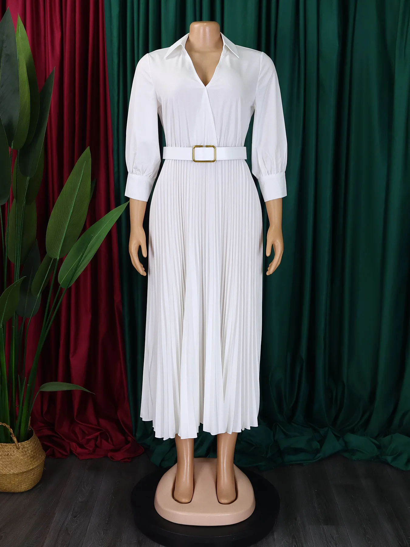 Trendy Elegant Ladies Office Dresses for Women Casual Long Sleeve V-Neck Pleated Dress with Belt Solid Color Digital Printing Trendy Elegant Ladies Office Dresses for Women Casual Long Sleeve V-Neck Pleated Dress with Belt Solid Color Digital Printing