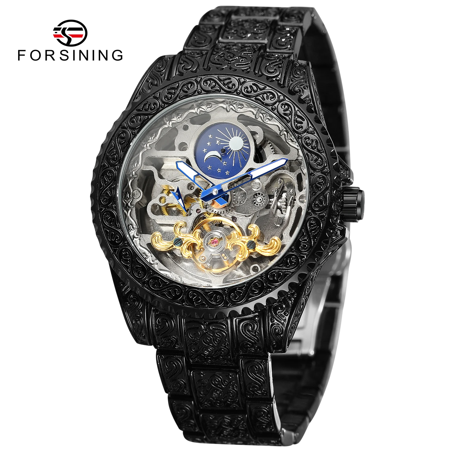 Forsining Skeleton Moonphase Stainless Steel Watch