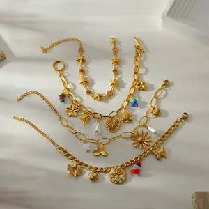 18K Gold Plated Stainless Steel Pendant Flower Heart Bracelet Trendy Party Waterproof Holiday Beach