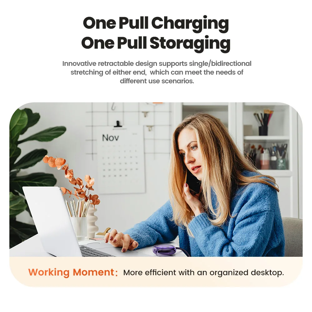 Toocki NEW Adjustable Length Fast Charging Cable 100W 1.2M 2 in 1 Retractable USB Charging Cable for Type C Port