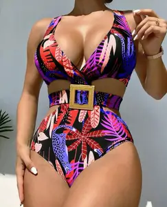 2026 Custom Women Bandeau One-Piece V-Neck Flower Swimsuit with Metal Buckle High Waist Tummy Control Quick Dry