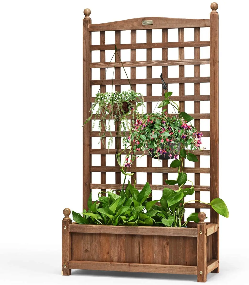 Wood Planter Free Standing Plant Raised Bed With Trellis For Garden Or
