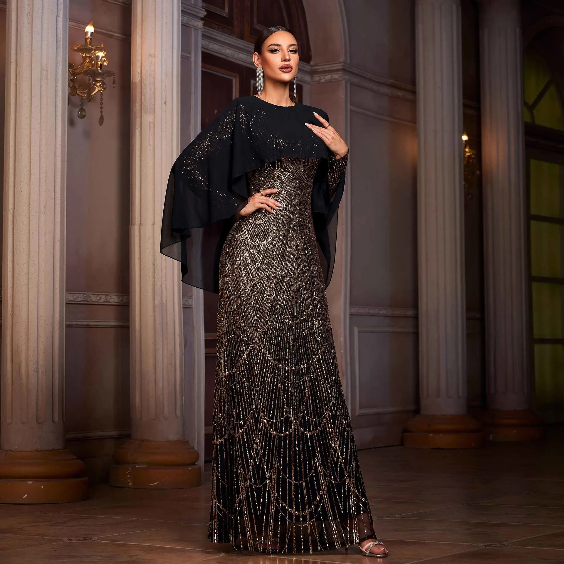 Dropshipping Women Garment High End Black and Gold Sequins Long Sleeve Cape Maxi Long Party Gown Luxury Sequin Evening Dresses| Alibaba.com Dropshipping Women Garment High End Black and Gold Sequins Long Sleeve Cape Maxi Long Party Gown Luxury Sequin Evening Dresses| Alibaba.com