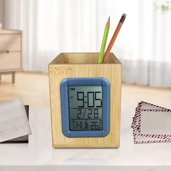 Multifunction Promotional Gift Bamboo Made Electronic Digital Alarm Pen Holder Table Desk LED Clock
