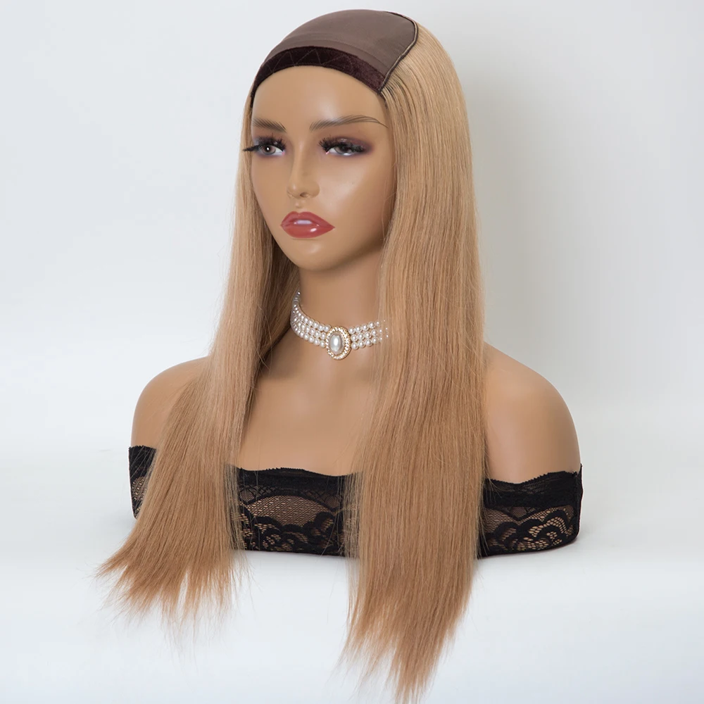 PR9 Light brown color 16 inch 150% density straight texture machine weft U-part Hat wig