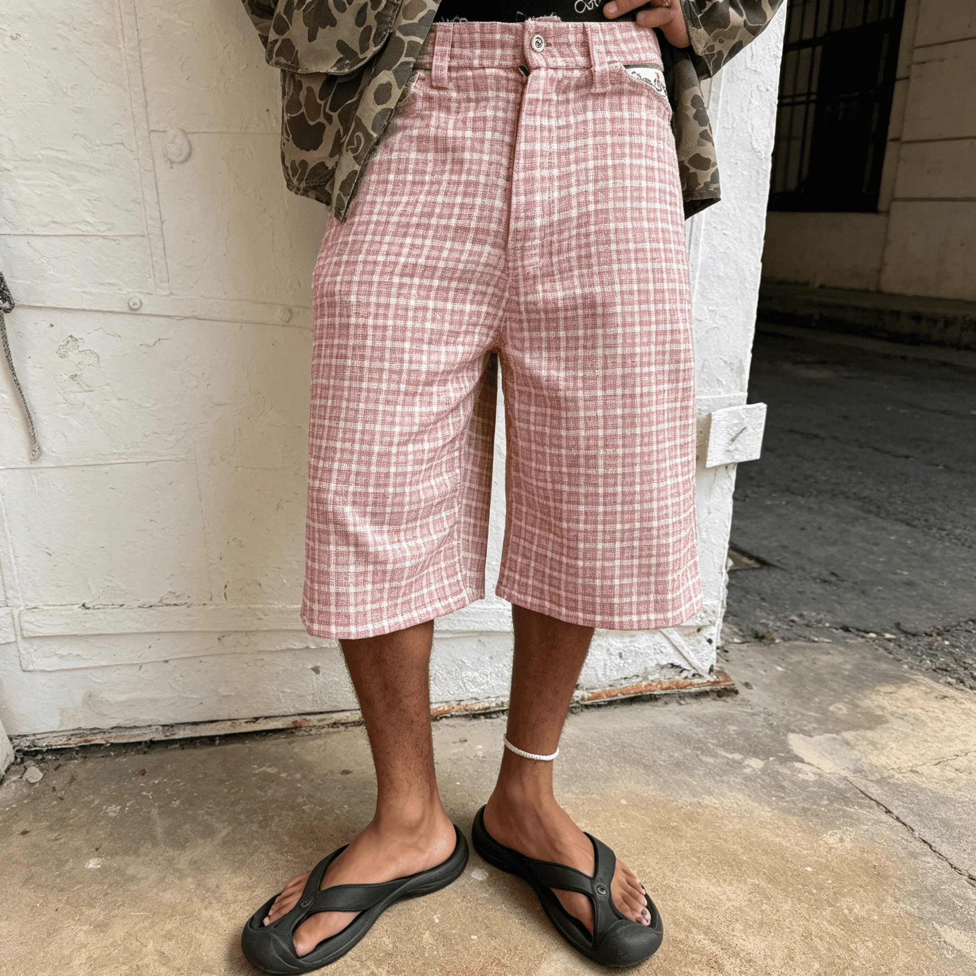 Wholesale Custom Washed Check Pattern Mens Jorts Decorative Waistband Detail Loose Knee Shorts Streetwear Casual Bottoms gallery 4