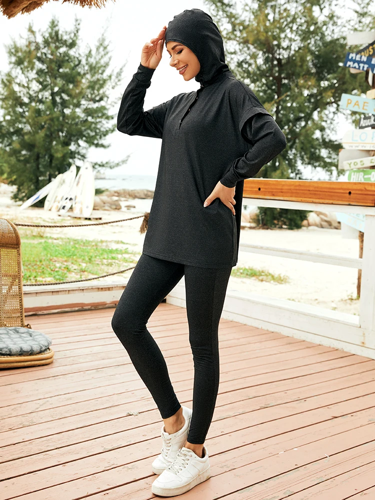 New Muslim Sportswear 3pcs Hijab All Black Tracksuit Modest Activewear Wear  Outdoor Clothing