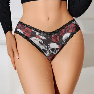 Halloween Printed Sexy Fitness Underwear Lace Stitching Ice Silk Thin Quick-Drying Breathable Wave Bottom Low Waist Briefs